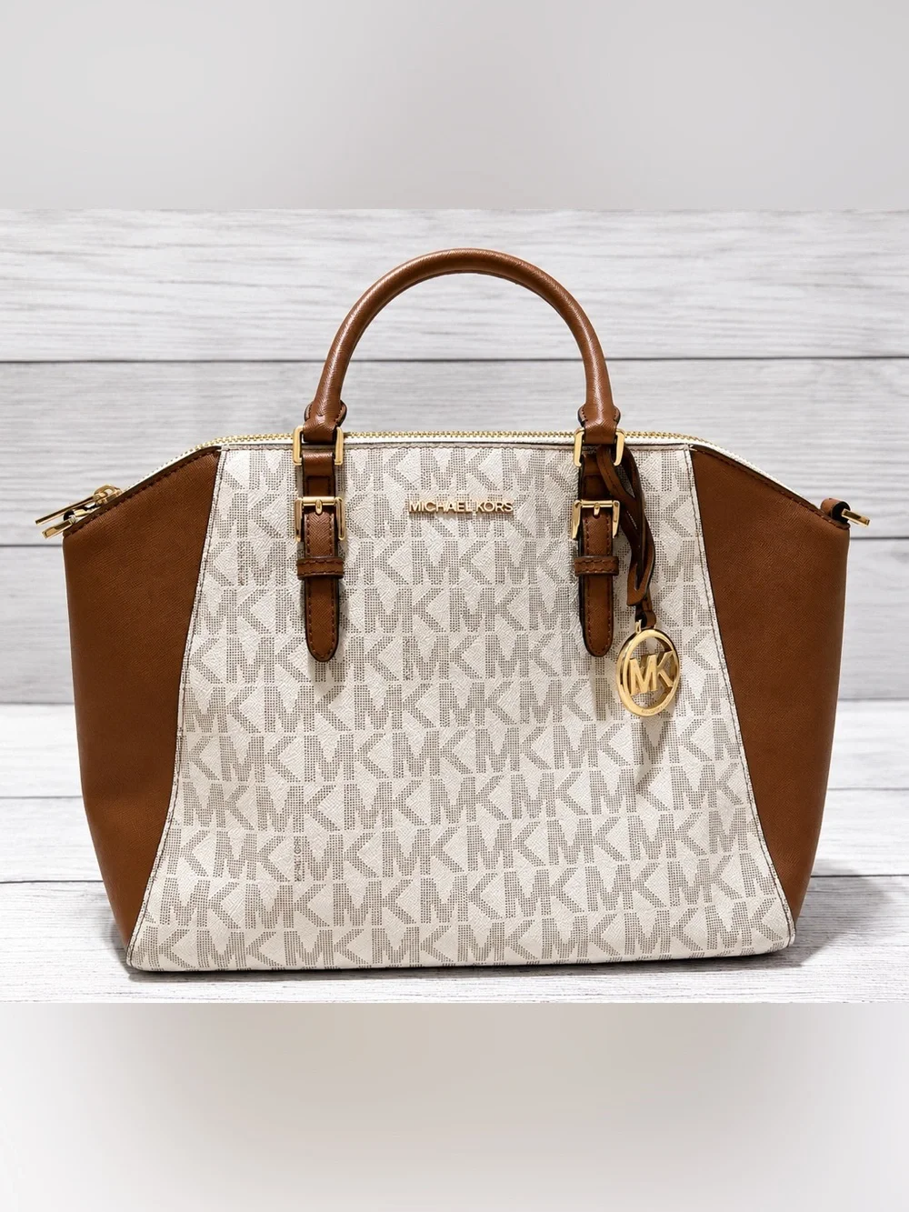 Michael Kors Signature MK Satchel Cream Brown Leather Crossbody